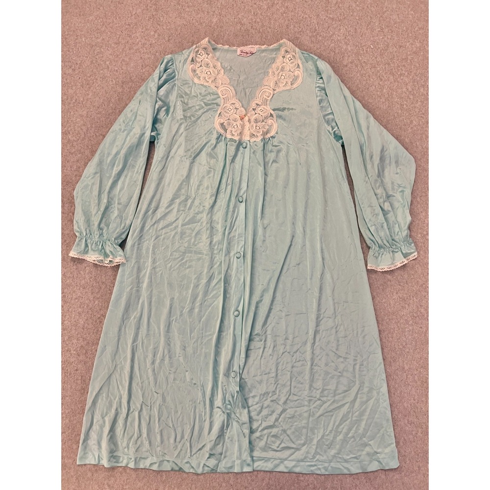 Vanity Fair Peignoir Nightgown‎ Women's Medium Aqua Button Down Lace Silky Vtg